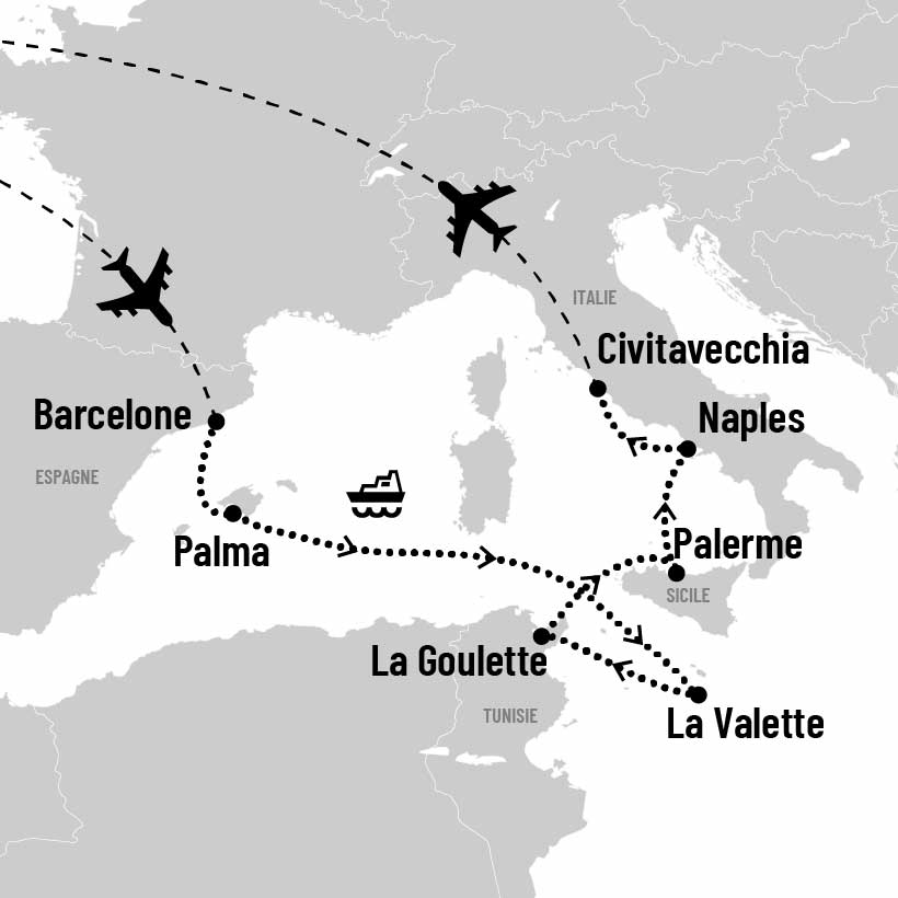 Croisière en Espagne, Malte et Italie map